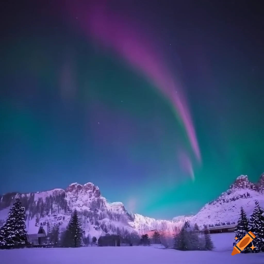 nighttime scene of winter wonderland with aurora borealis