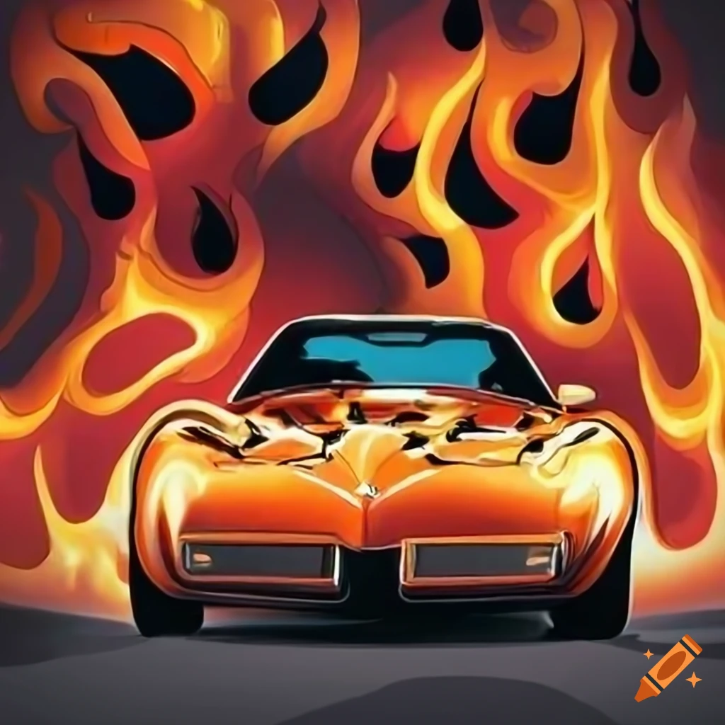 caricature of an orange corvette with black flames and a silver engine