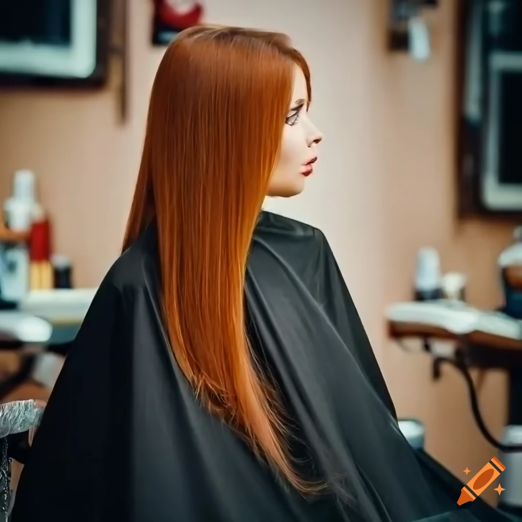 girl with long auburn hair in barber shop