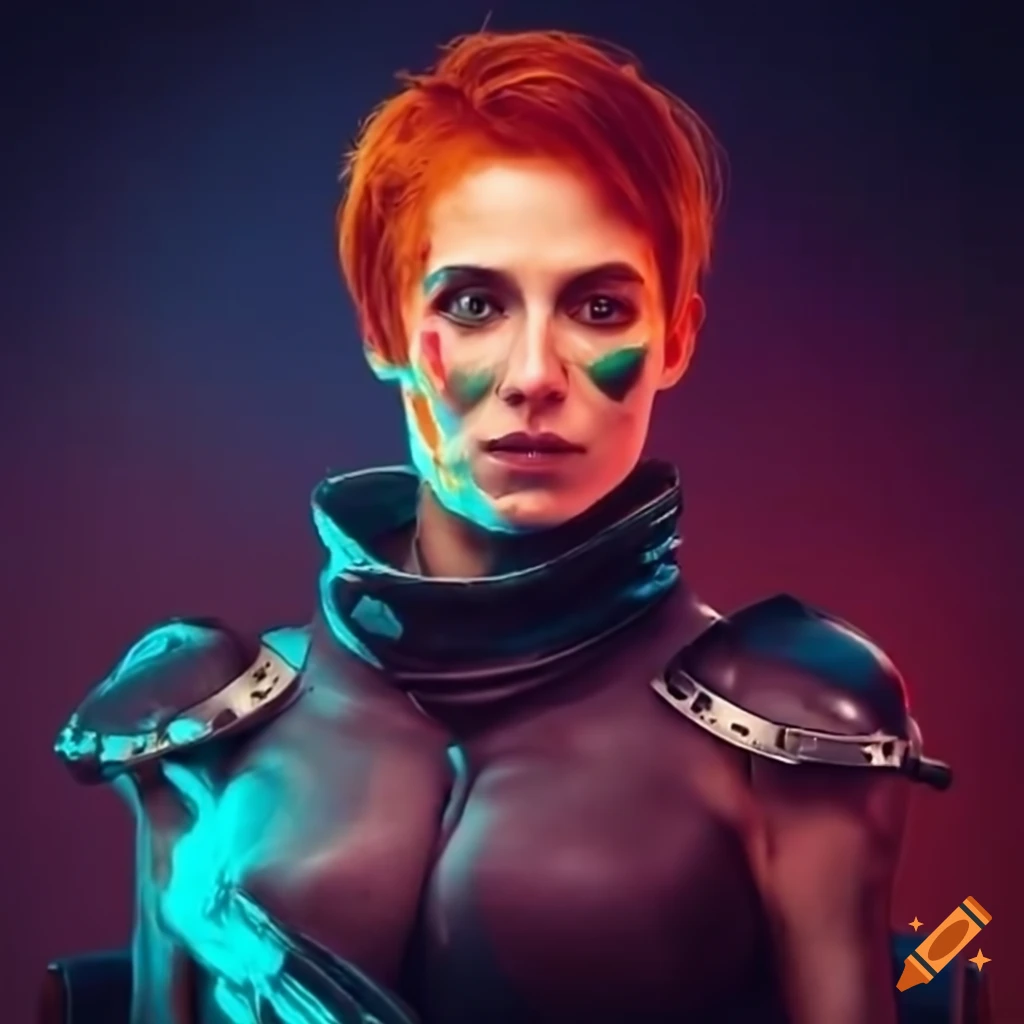portrait of a futuristic woman with red hair and green eyes