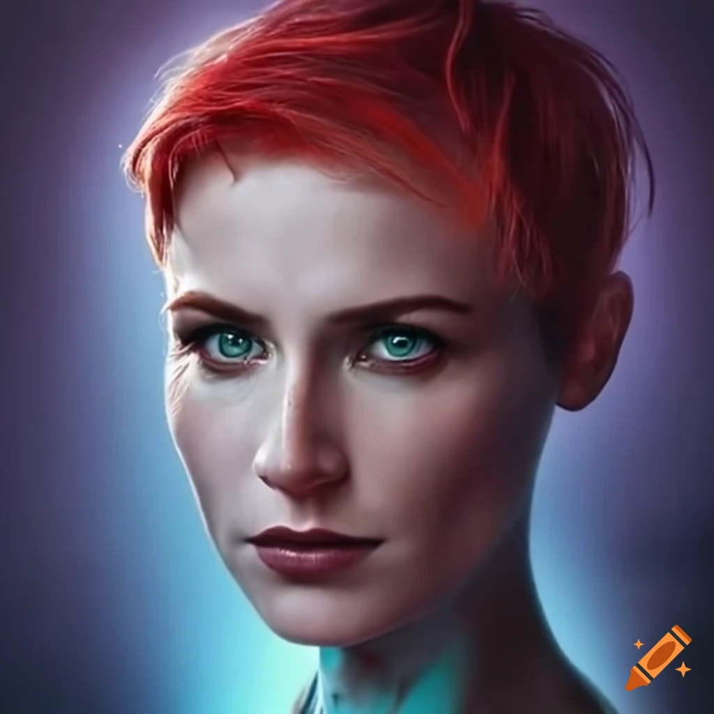 Futuristic fashion portrait of a red-haired woman with green eyes on ...
