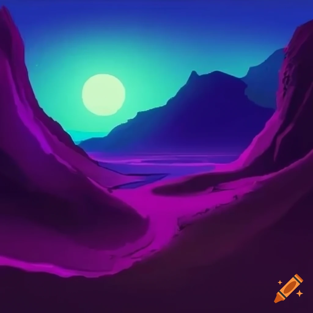 purple-tinted desert landscape with a river