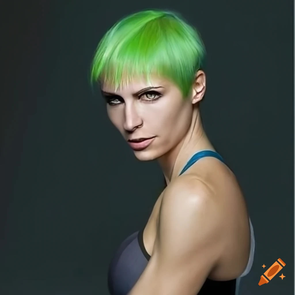 digital artwork of a futuristic woman with green hair and eyes
