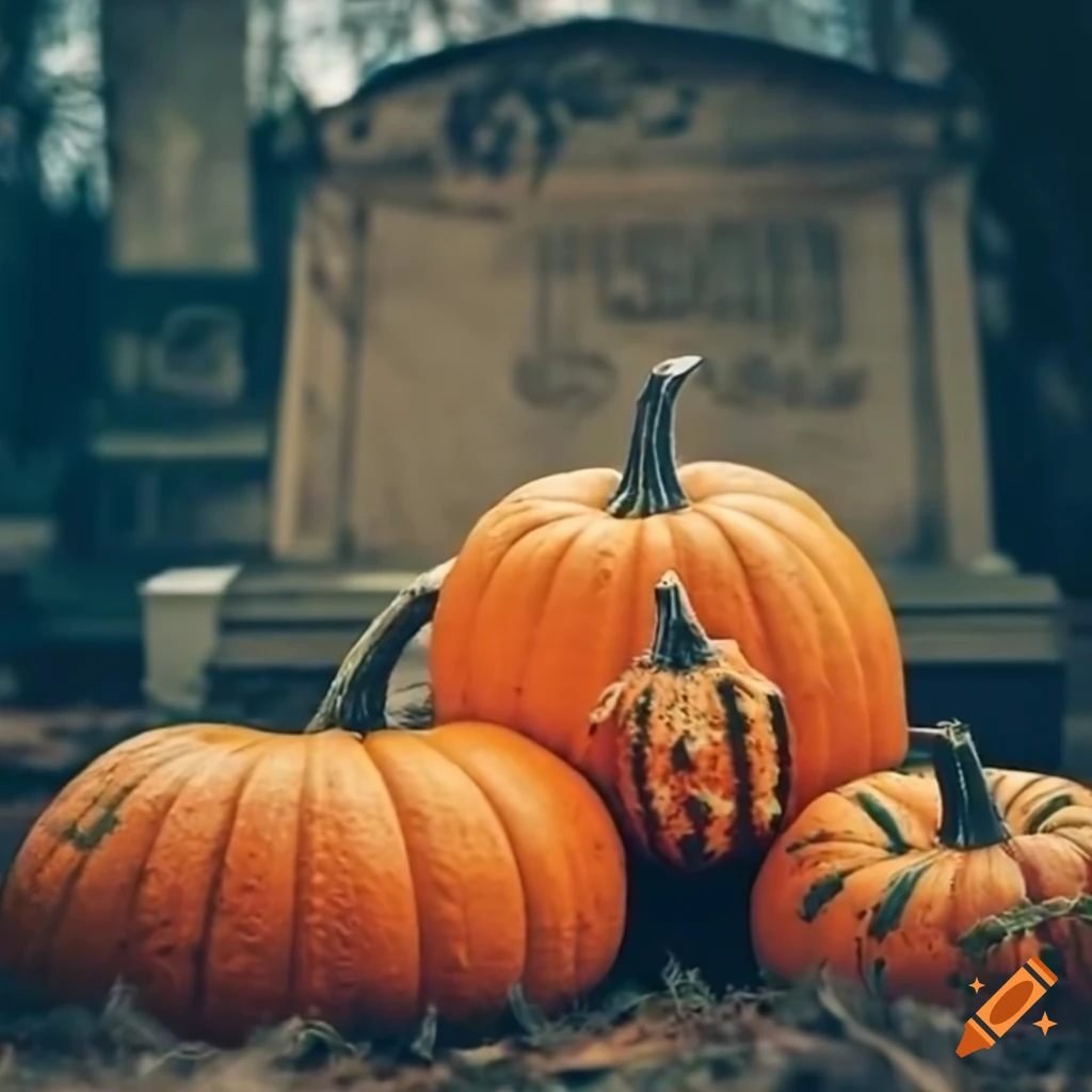 pumpkins placed in a spooky cemetery