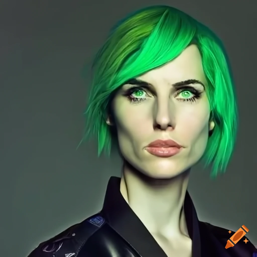 digital artwork of a futuristic woman with green hair and eyes