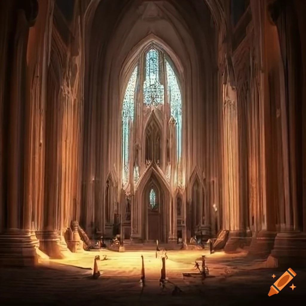 image of an ancient cathedral with a chained crystal