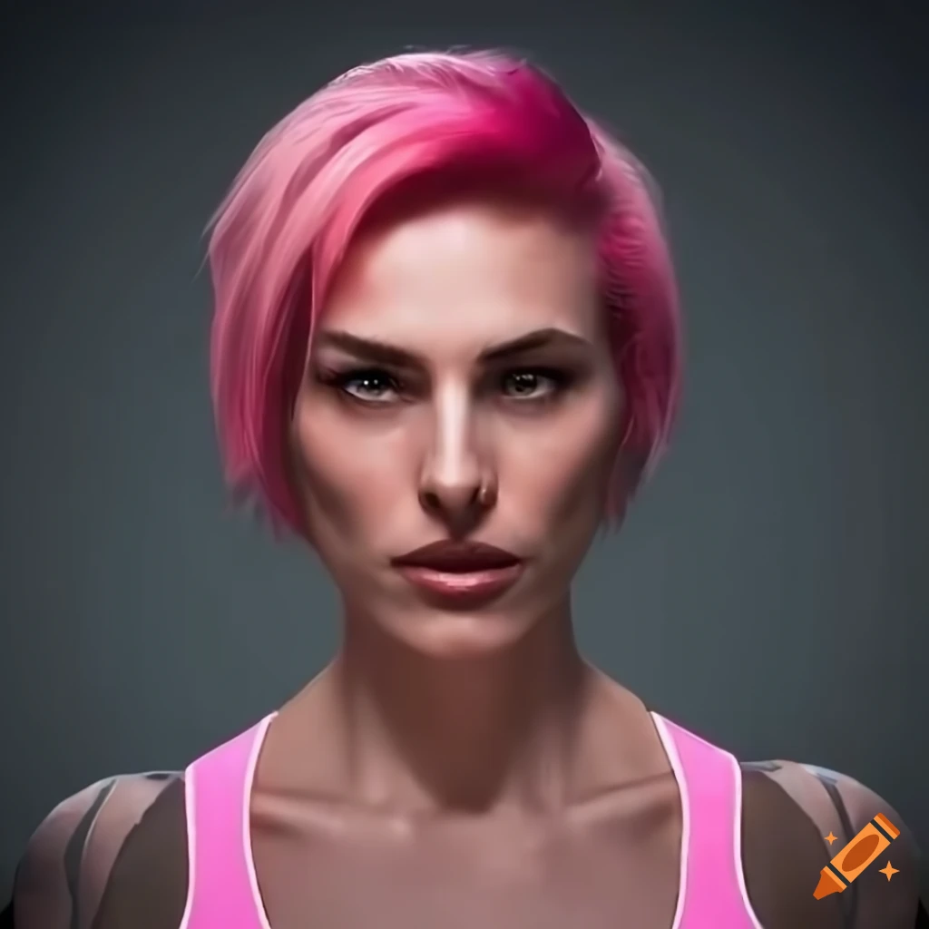 close-up portrait of a strong and athletic woman with short pink hair