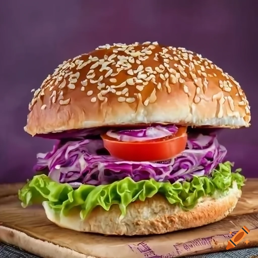Delicious hamburger with red cabbage, cheese, and tomato on Craiyon