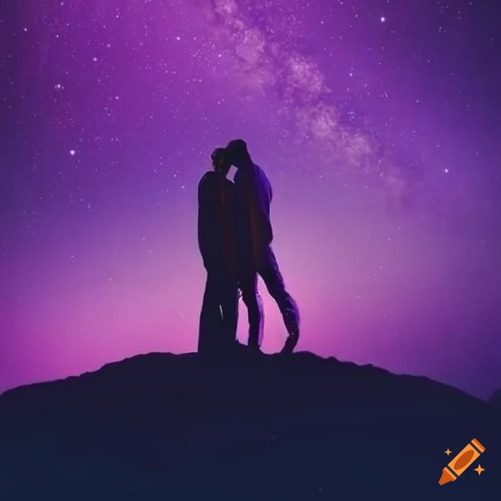 Two Men Under A Beautiful Purple Night Sky