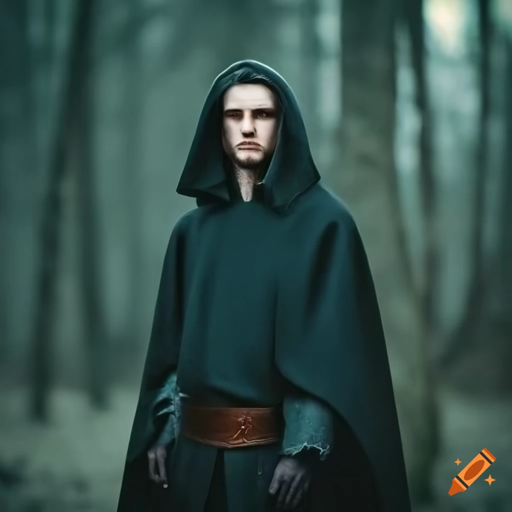 image of a medieval magician in a black cape standing in the forest