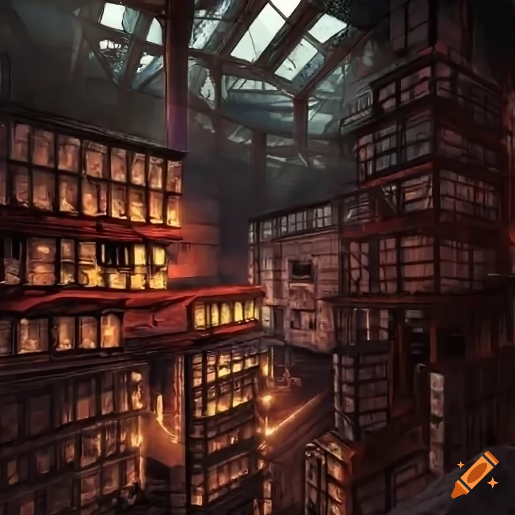 Anime battle background in an urban storage warehouse on Craiyon