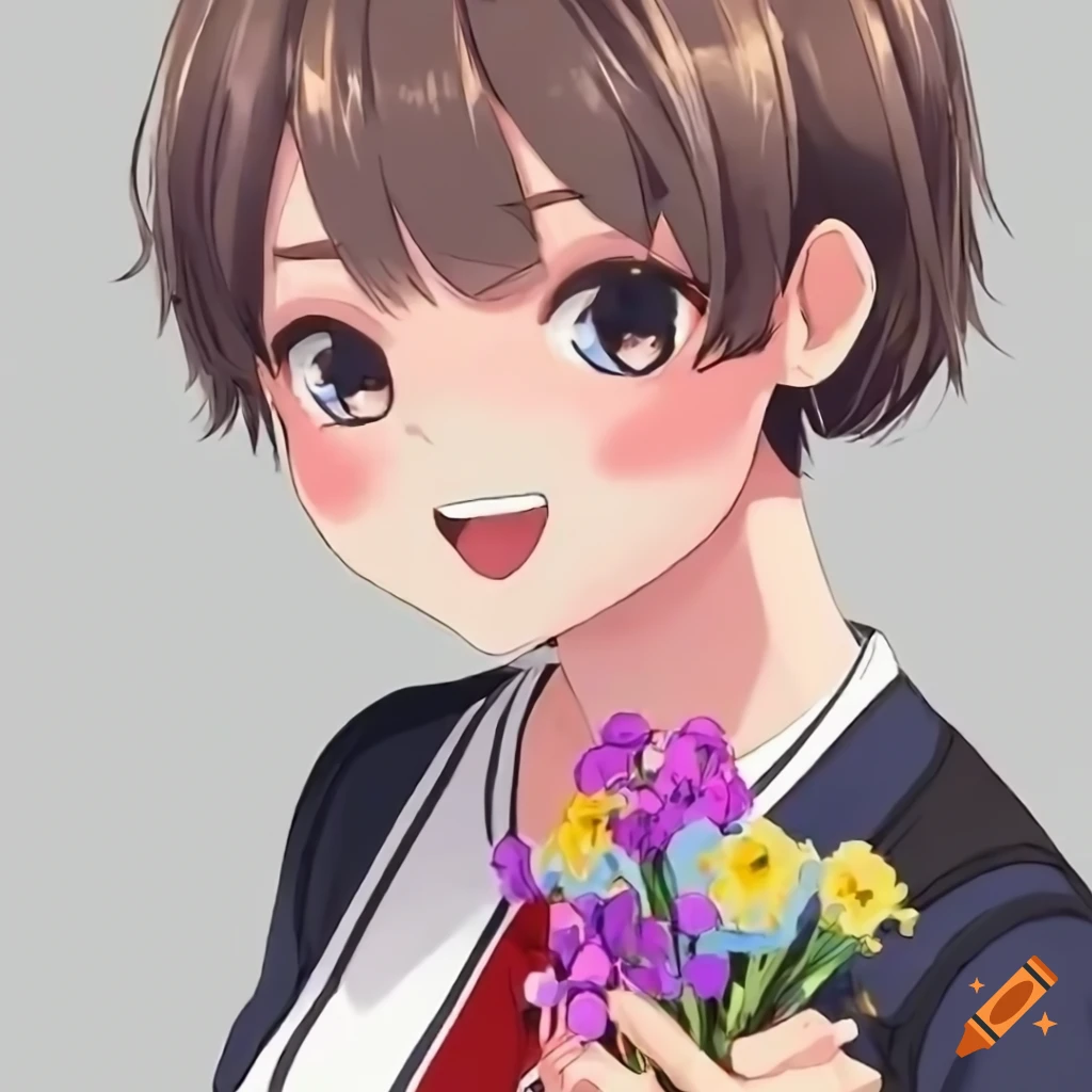 anime-style girl holding a bouquet of flowers