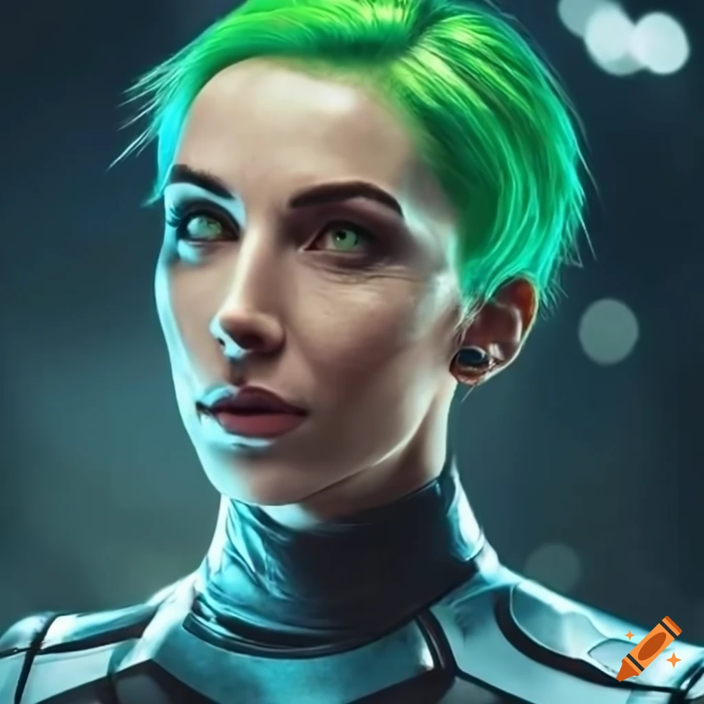 Portrait of a futuristic woman with green hair and green eyes on Craiyon