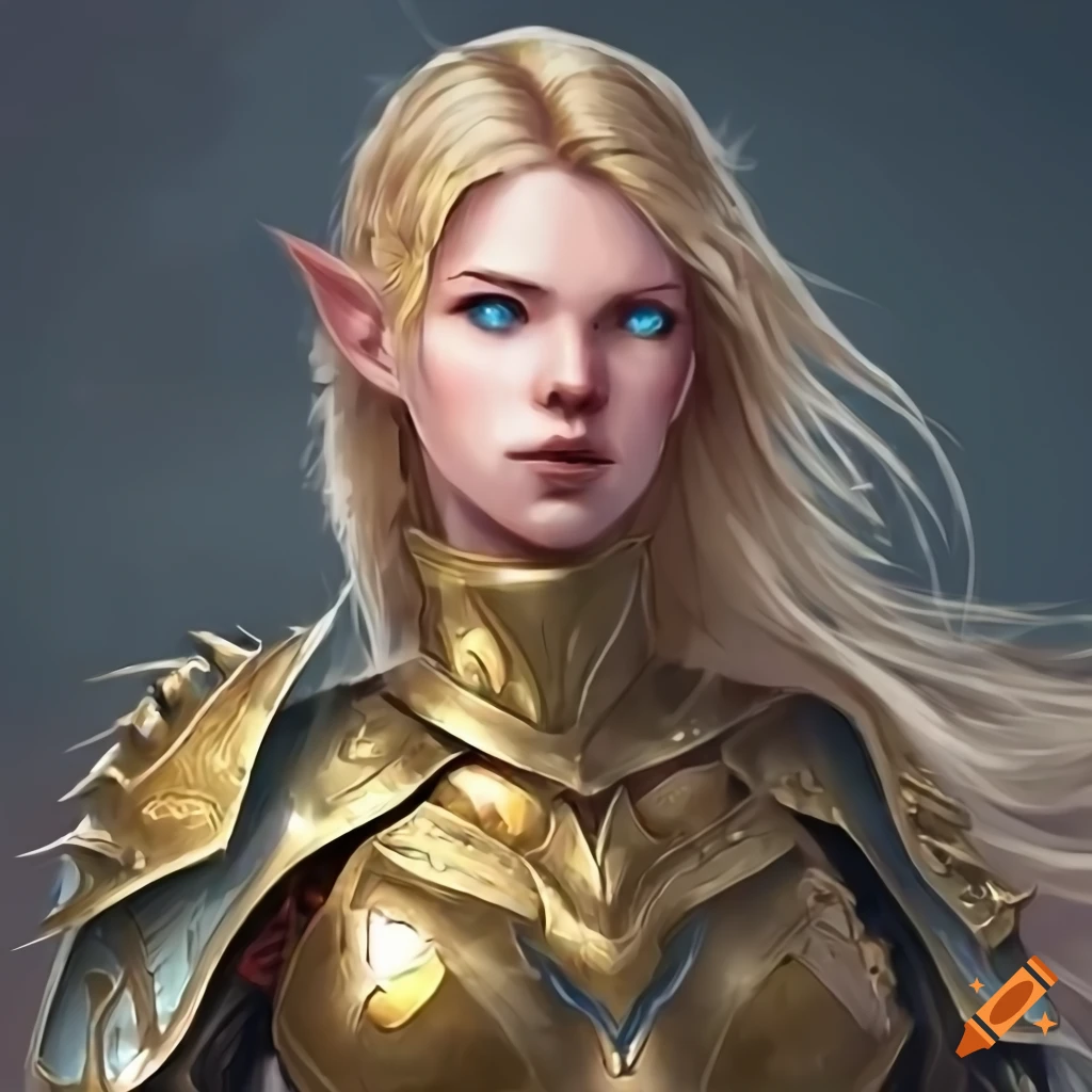Female elf ranger with blond hair and blue eyes in armor