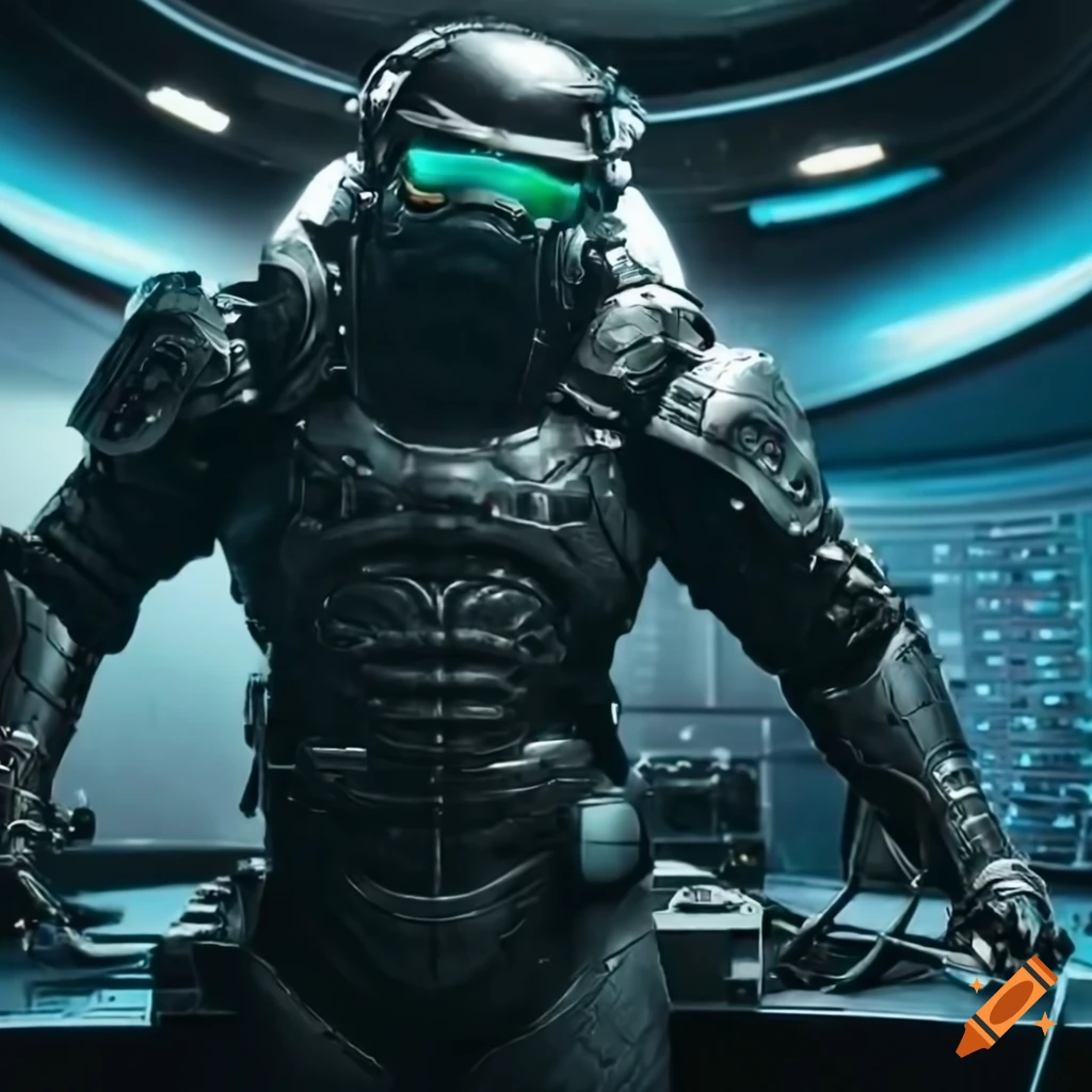photo of a man in futuristic armor aboard a starship
