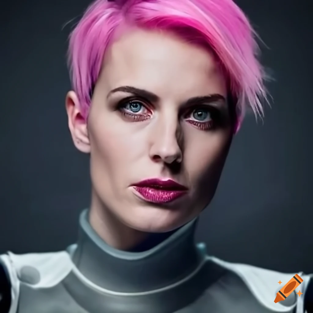 portrait of a futuristic woman with pink hair and green eyes