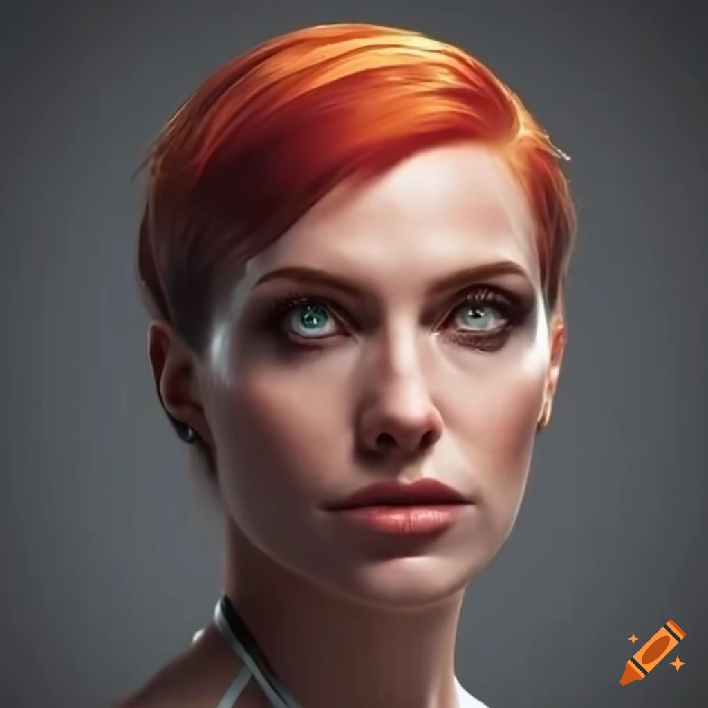 futuristic woman with short red hair in space station attire