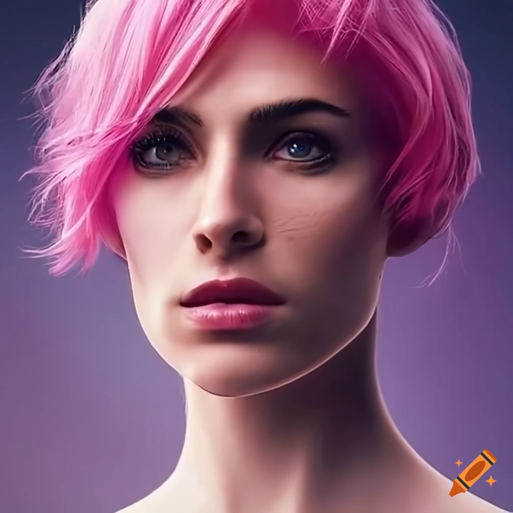 character design of a strong woman with short pink hair in futuristic clothing