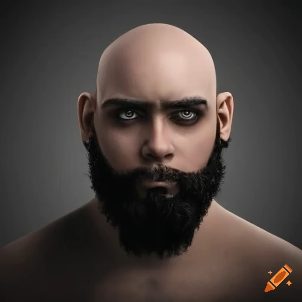 Portrait of a man with a shaved head and bushy black beard on Craiyon