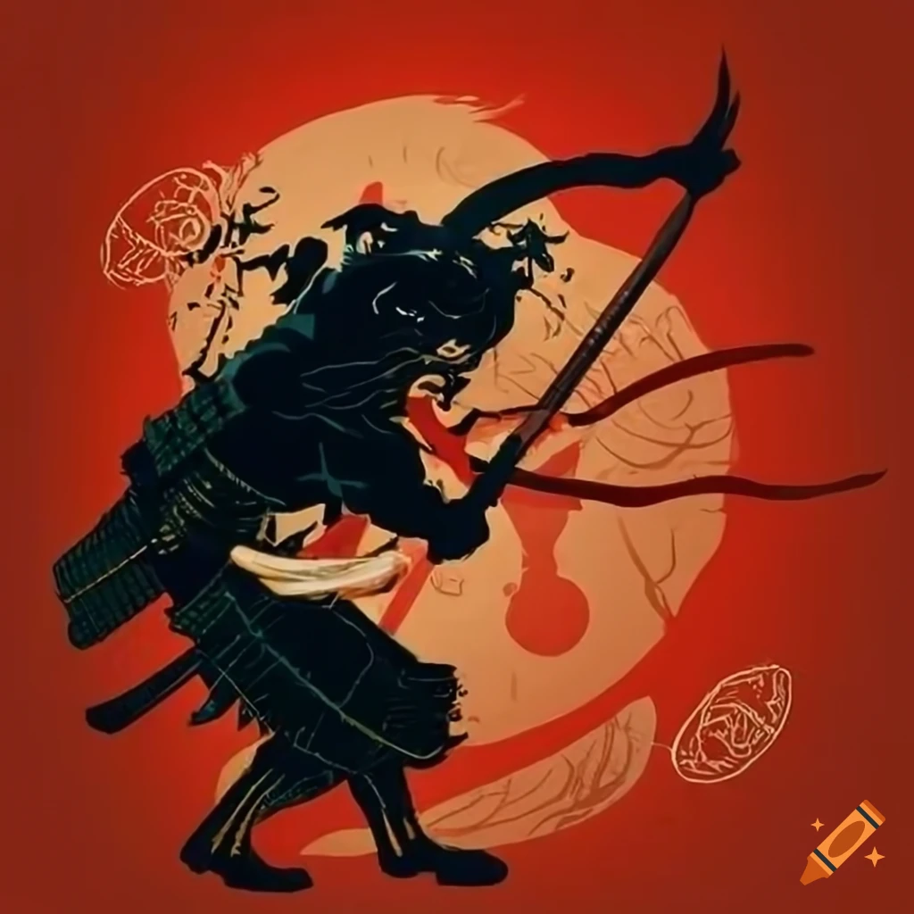 Japanese style artwork of a samurai fighting a panther