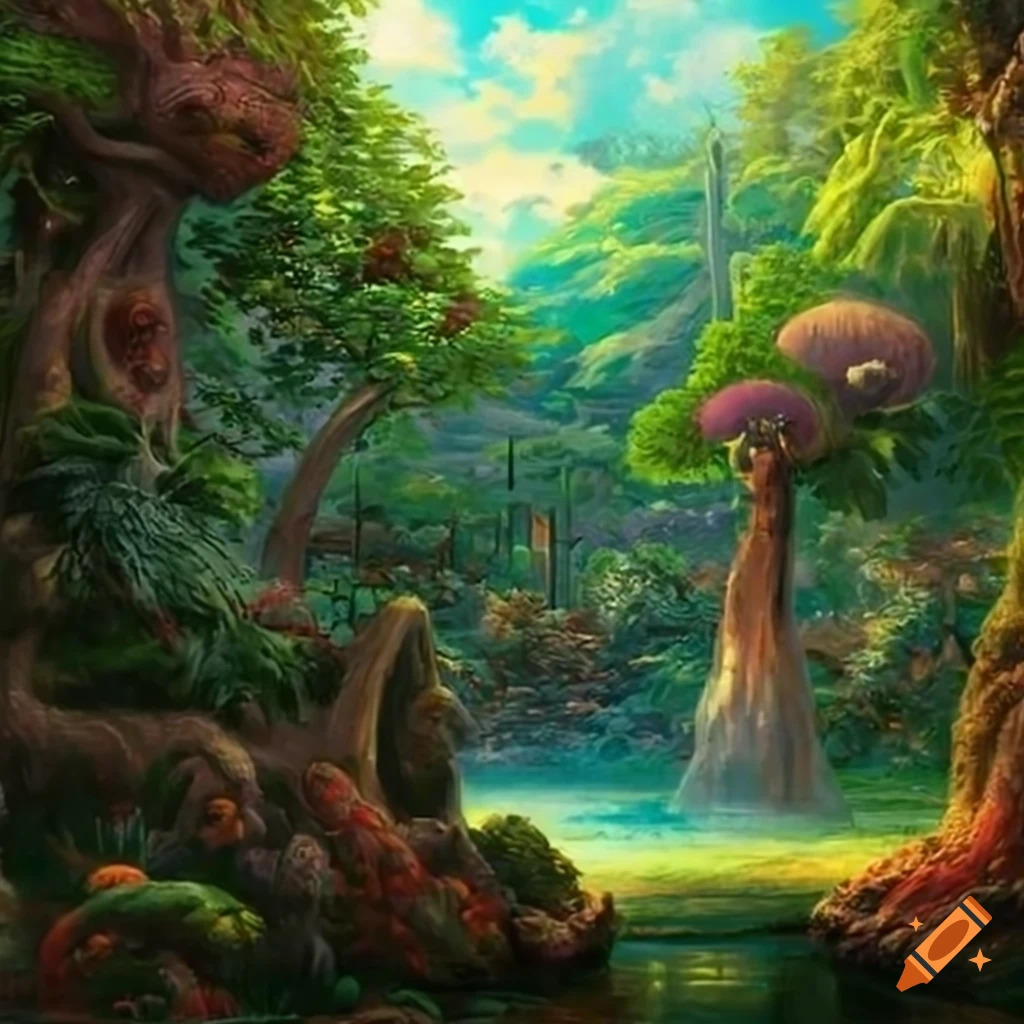 fantasy artwork of giant trees with monster fruit in a tropical island