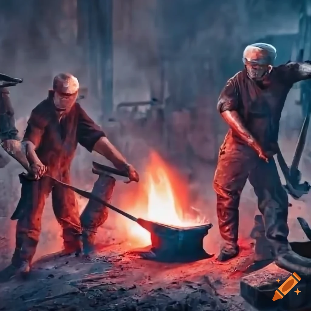 blacksmiths working in a fiery blue forge