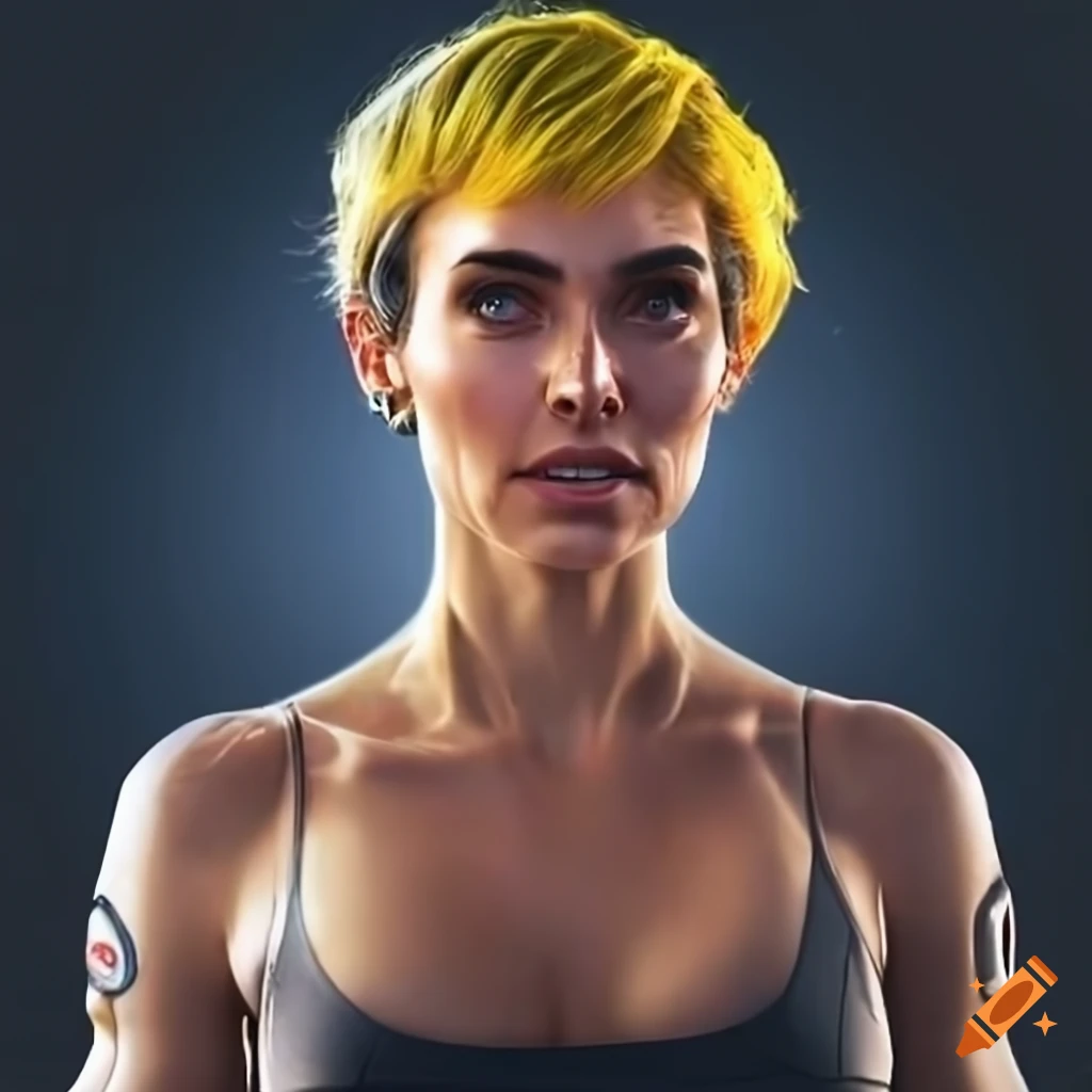 character design of a strong woman with short yellow hair in futuristic clothing