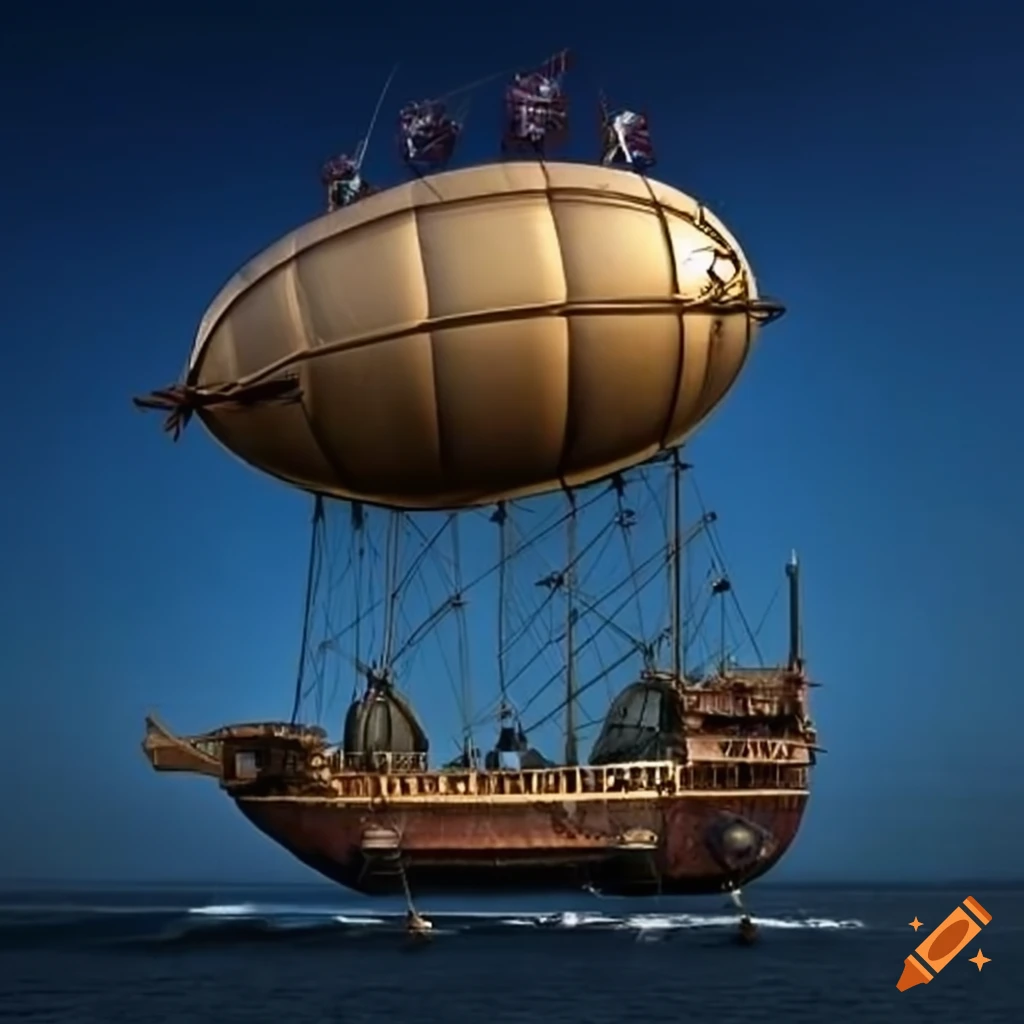 steampunk airship with harpoons and metal plates