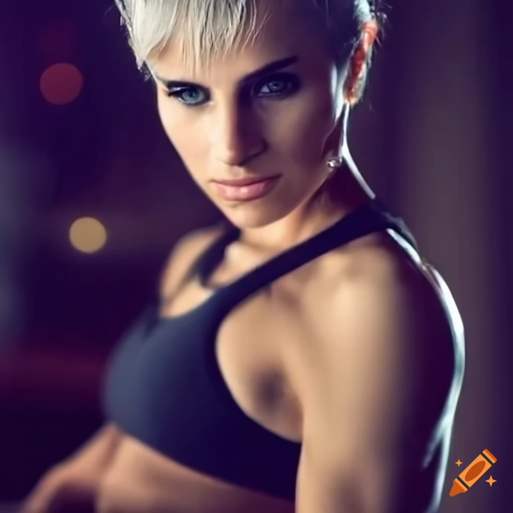 Fit woman with short cropped hair in gym clothes on Craiyon