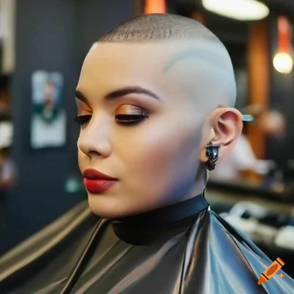 anime art of a woman with a shaved head in a barbershop