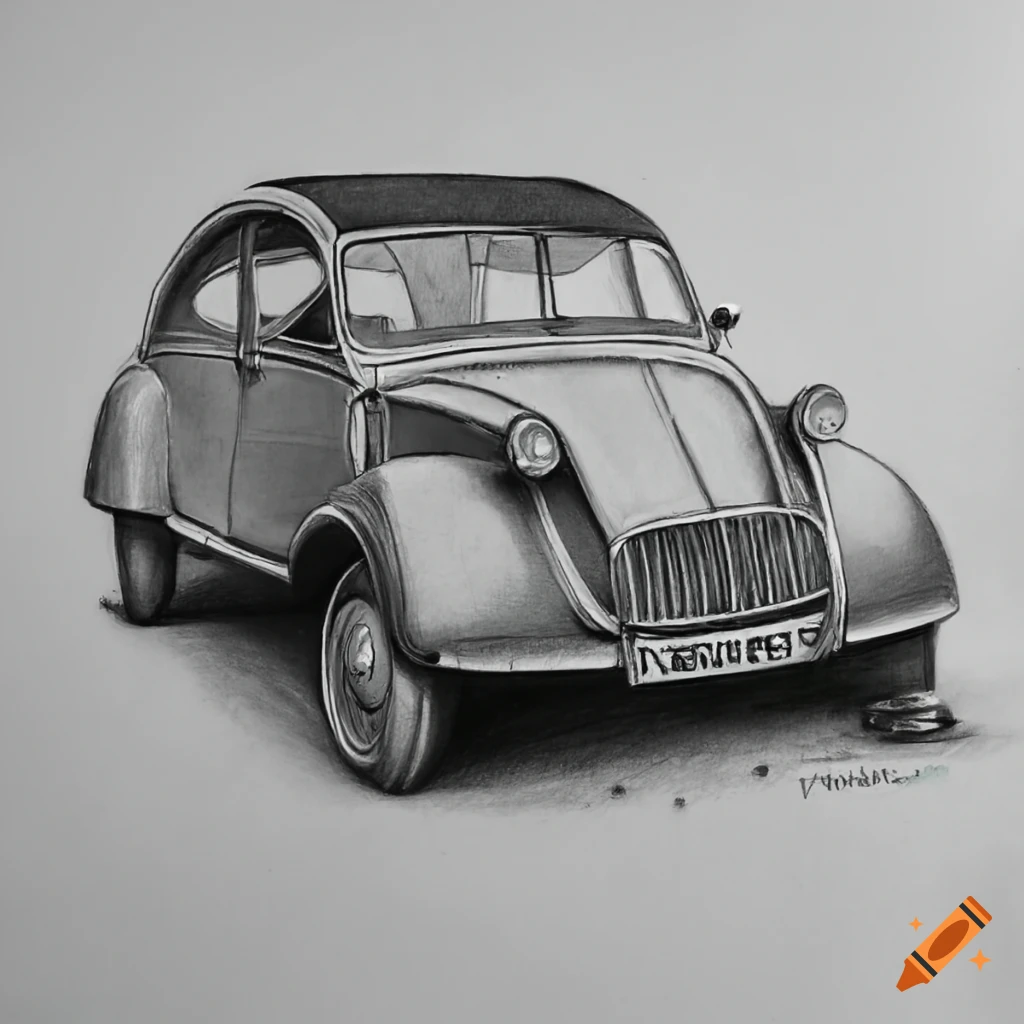 Realistic pencil drawing of a 2cv car on Craiyon