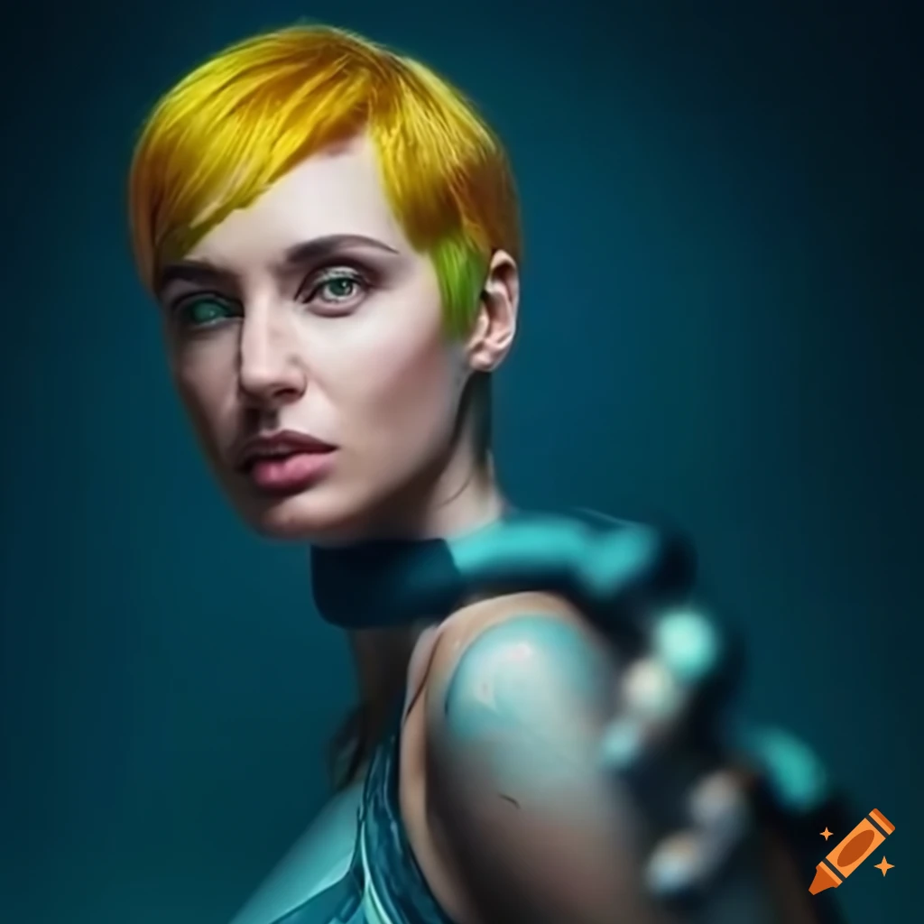 Character design of a futuristic woman with short yellow hair on Craiyon