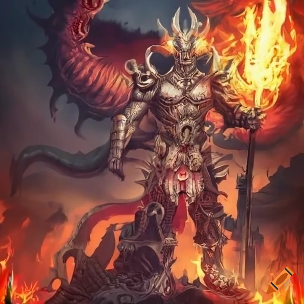 digital art of an armored demon god in fierce stance