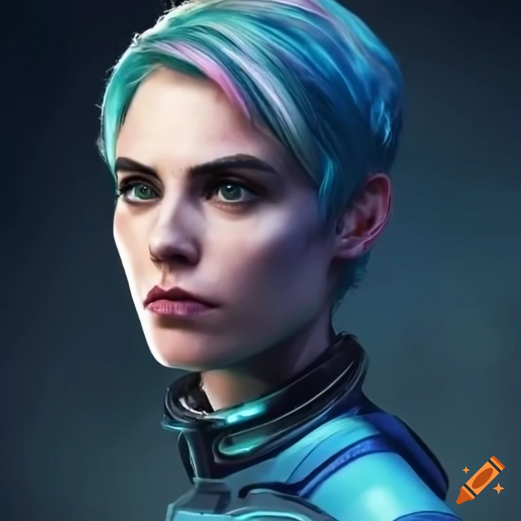 character design of a strong woman with pink hair and futuristic clothing