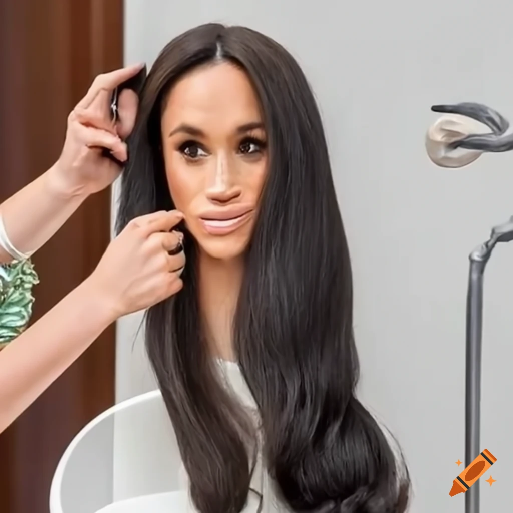 Stylist trimming hair of a Meghan Markle styling head on Craiyon