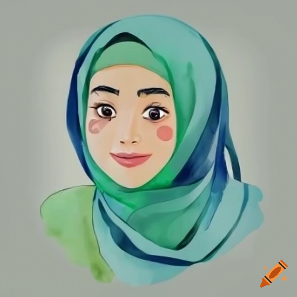 illustration of a Muslim woman in a sales team wearing green hijab and blue sweat greeting a client