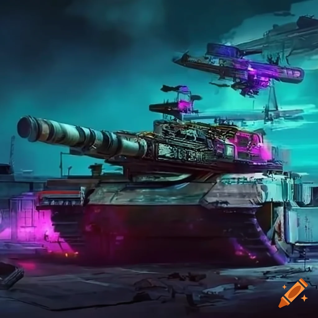 Cyberpunk tank unleashing firepower on Craiyon