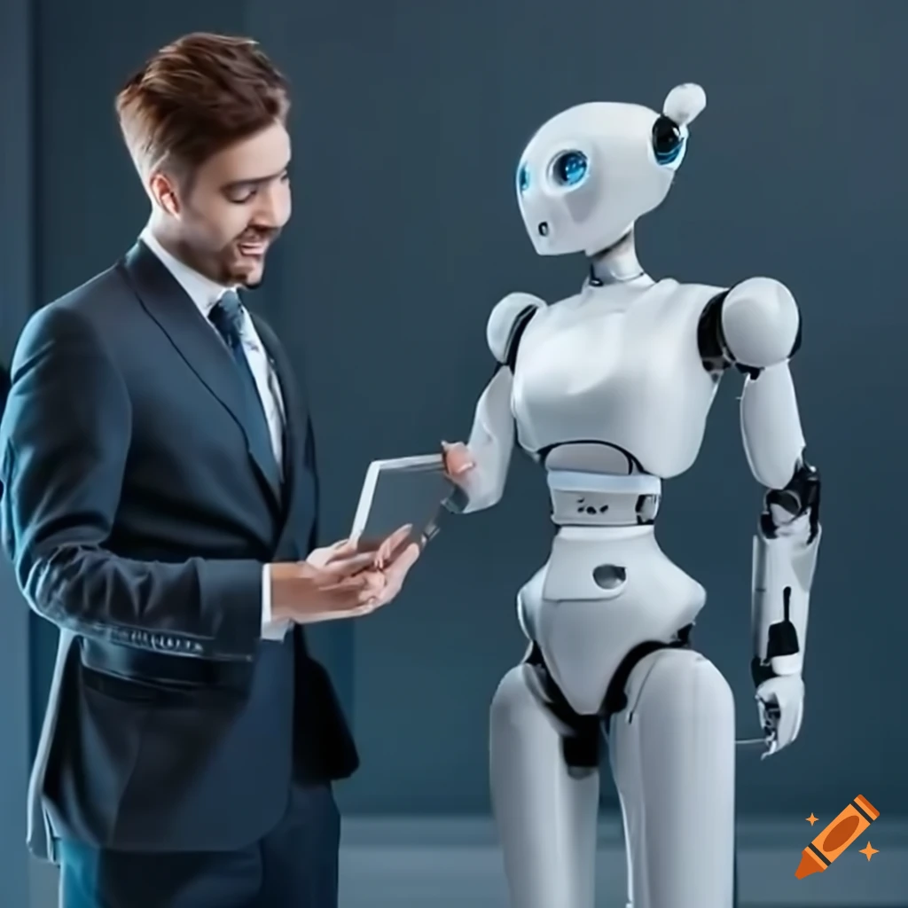 image of an AI robot having a conversation with a businessman