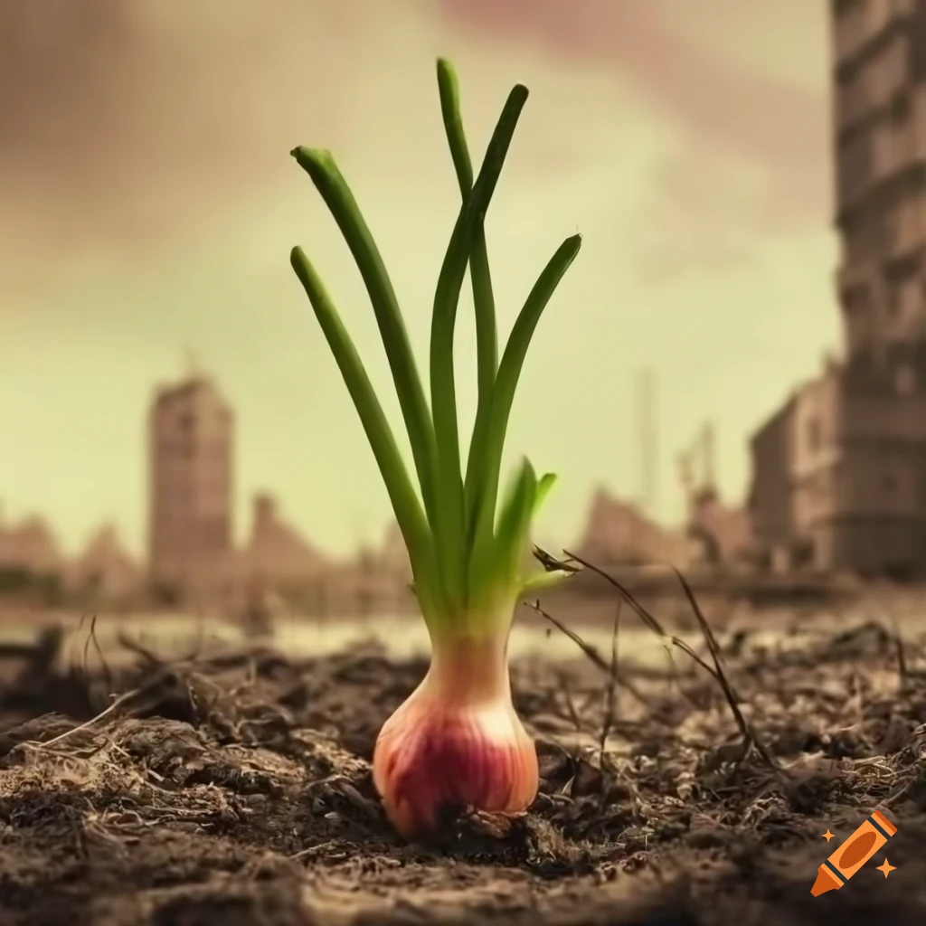 young onion growing in a ruined city