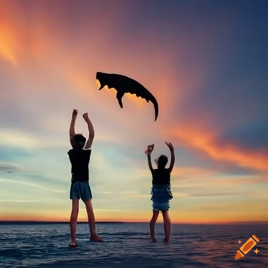 sunset with a flying whale and children watching