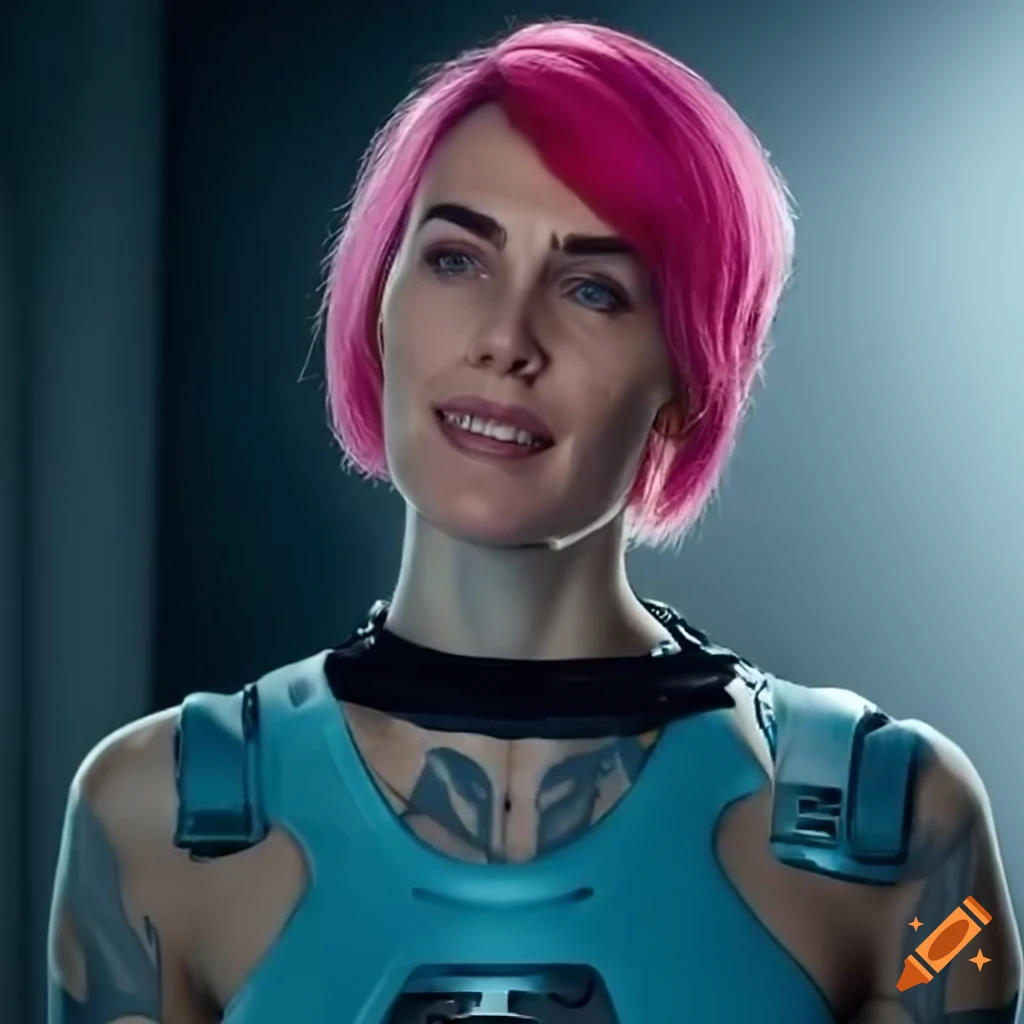30-year-old woman with short pink hair in futuristic clothing