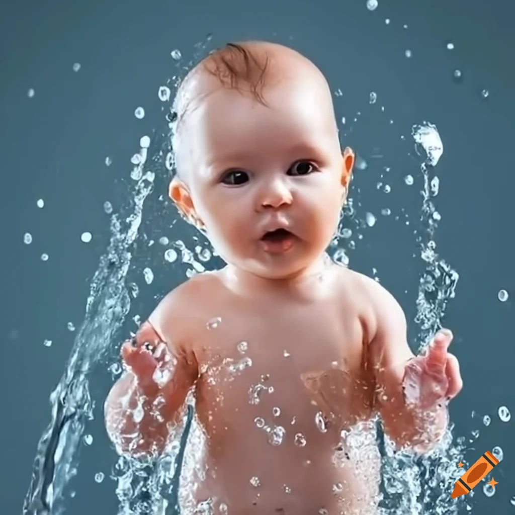 Baby having fun with a lemon in water on craiyon