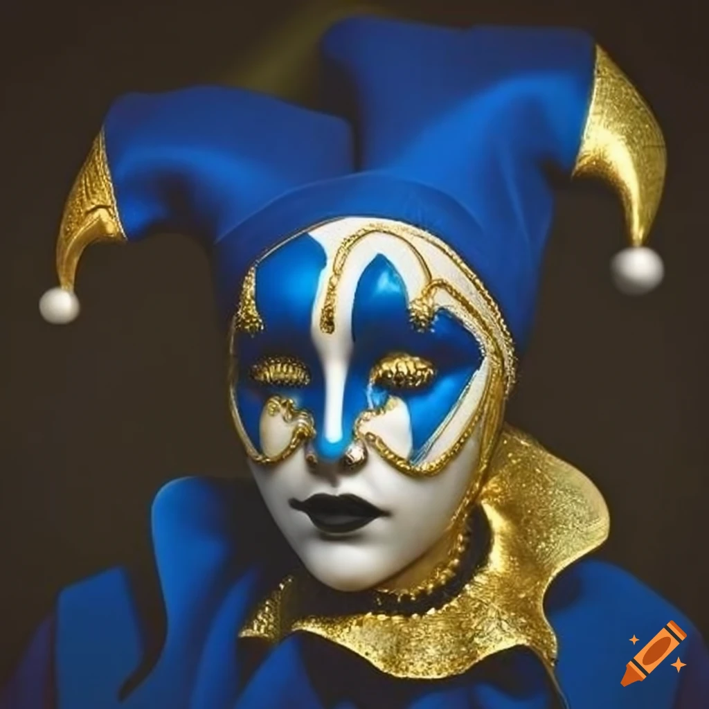 blue and gold sad Venetian jester