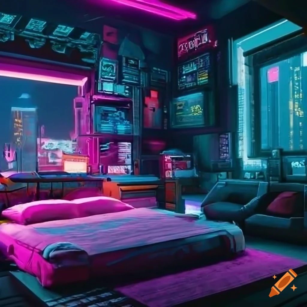 Cyberpunk themed Bedroom On Craiyon