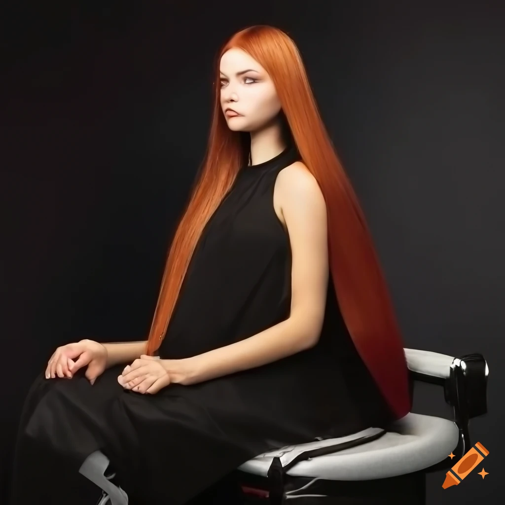 profile of a girl with long auburn hair in a barber shop