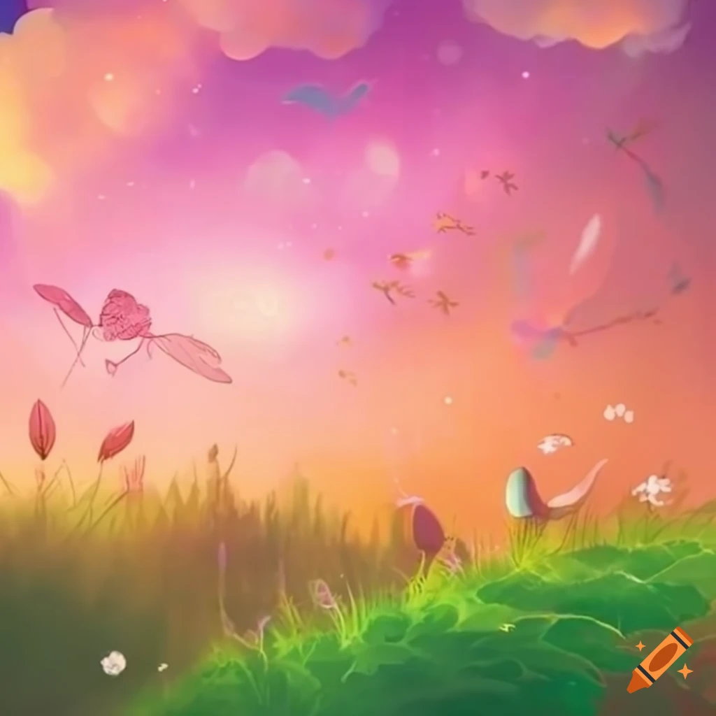 Illustration of a magical world with pink skies and rainbow grass