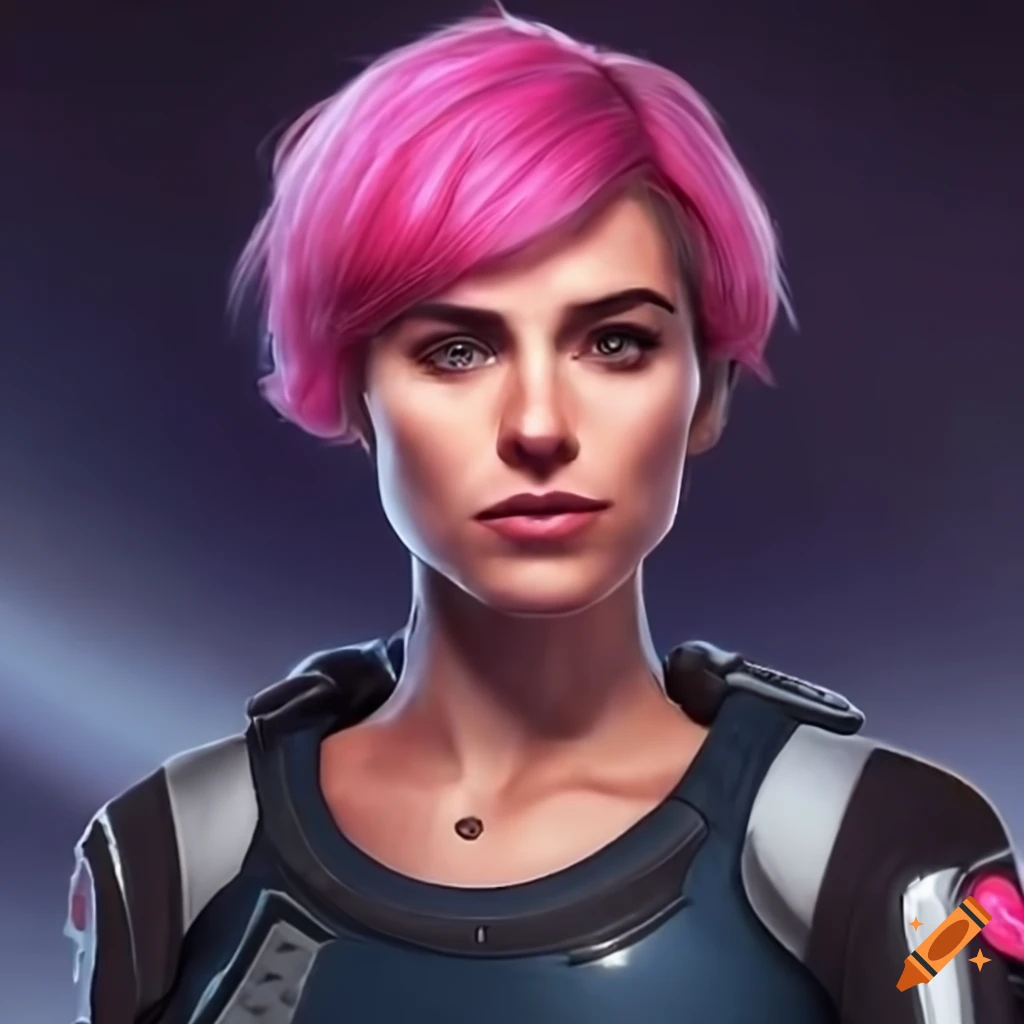 character design of a strong woman with pink hair and futuristic clothing