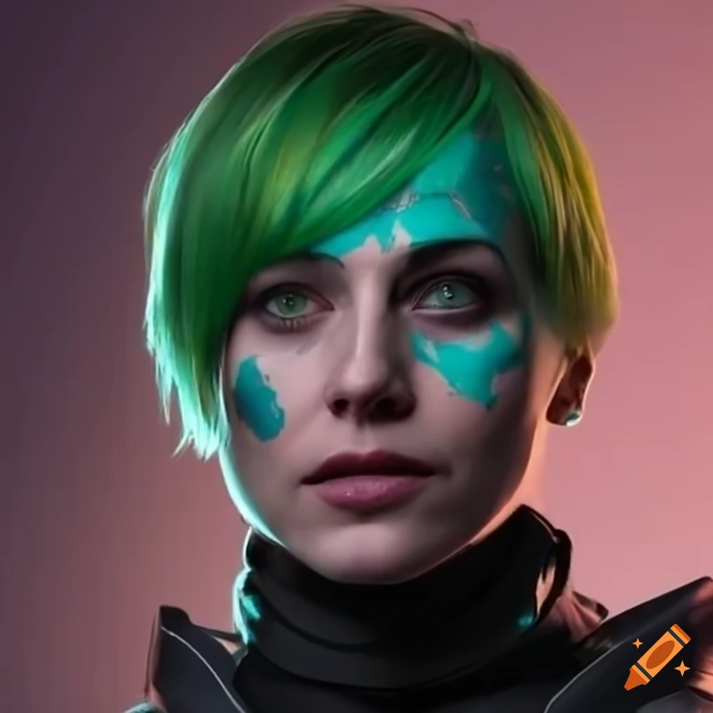 Portrait of a futuristic woman with short green hair on Craiyon