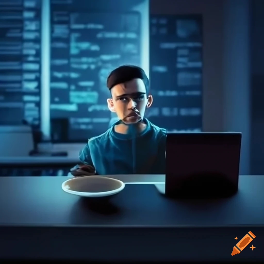 Developer working late at night with coffee on the table on Craiyon