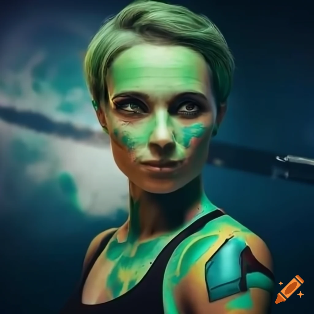 character design of a futuristic woman with short green hair